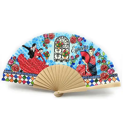 Abanico Plegable con Funda de piel. Tela Estampada de Algodón sobre Madera. (Flamenco azul)