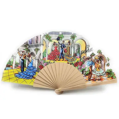 Abanico Plegable con Funda de piel. Tela Estampada de Algodón sobre Madera. (Flamenco blanco perla)