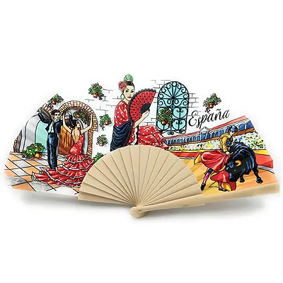 Abanico Plegable con Funda de piel. Tela Estampada de Algodón sobre Madera. (Flamenco Perla)