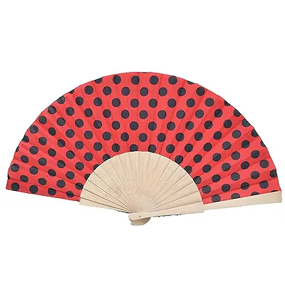 Aries boutique Abanico de Madera flamenco español, Rojo con puntos Negro. Abanico de mano estilo español.
