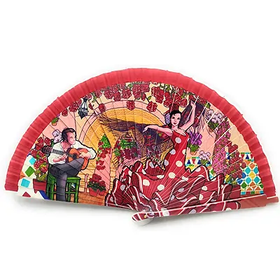 Abanico Plegable con Funda. Tela Estampada de Algodón sobre Madera. Dibujos de la Cultura española 22x42cm (Flamenco Rojo)