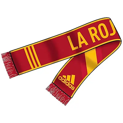 Bufanda oficial de España de adidas de la temporada 2014-2015 | color rojo oscuro y amarillo, es 100% acrílica, tiene un largo de 138 x 18 cm.