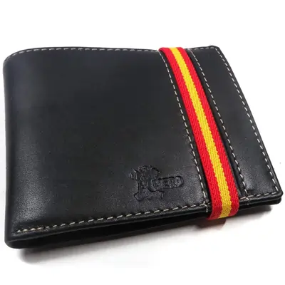 Hispapiel Cartera Hombre pequeña con Bandera de España. Billetera de Piel Negra Caballero, Tarjetero