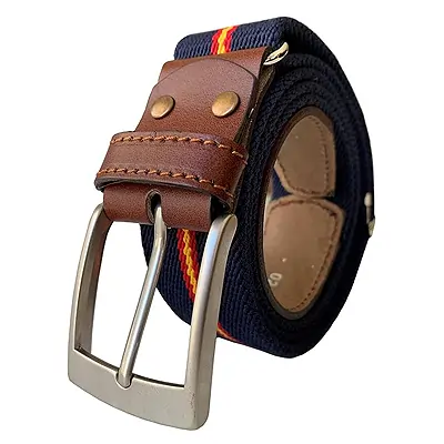 LEGADO Cinturón hombre y pulsera bandera España, cinturón elástico con cuero marrón, piel de Ubrique (Marino Bandera España)