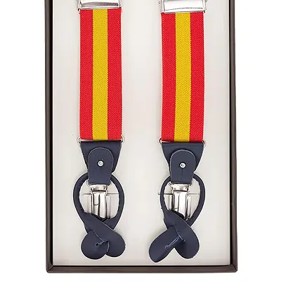 Cencibel Tirantes Cuero Bandera España, Cinta Elástica Poliester, Cruceta trasera en cuero azul, Fabricado en España